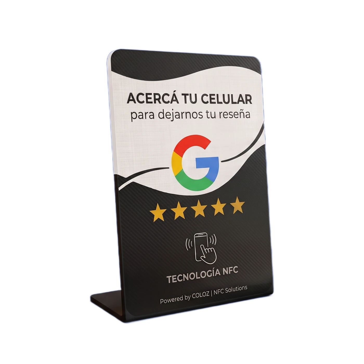 Exhibidor Coloz NFC en L con el texto Acercá tu celular para dejarnos tu reseña, logo de Google y cinco estrellas