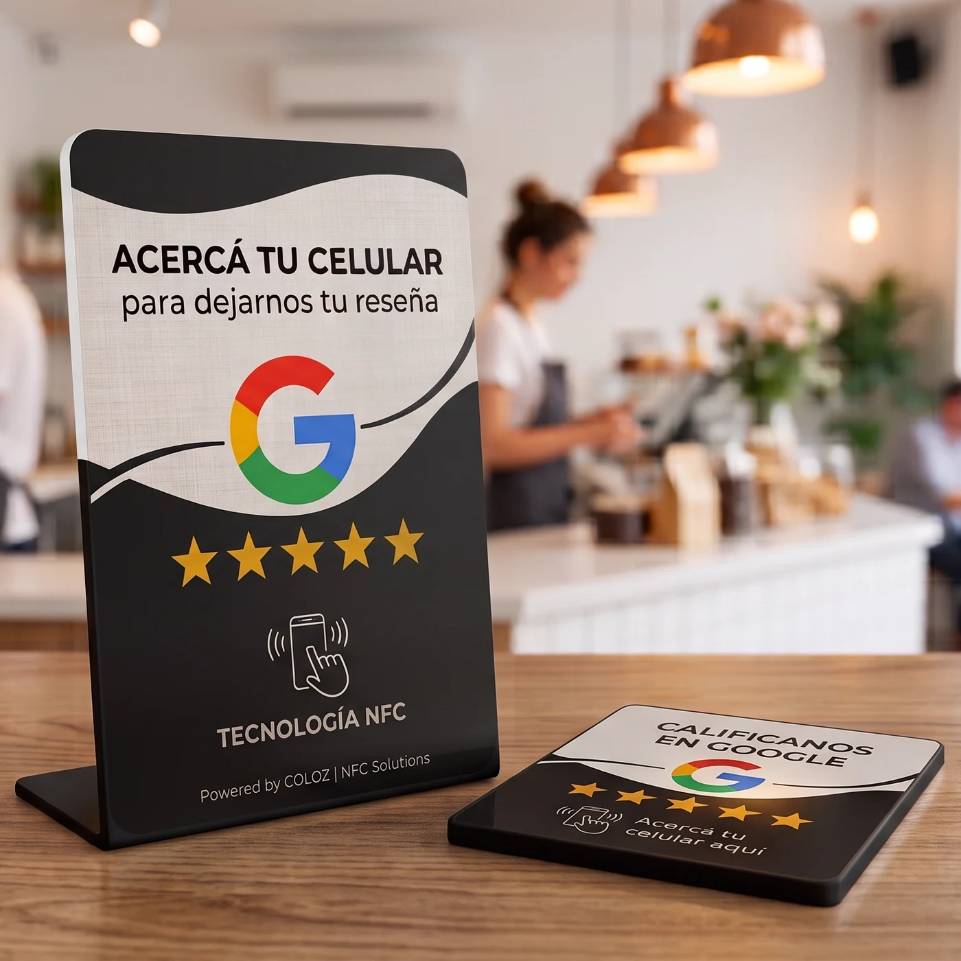 Pack Inicial: exhibidor en L y placa autoadhesiva sobre el mostrador de una cafetería