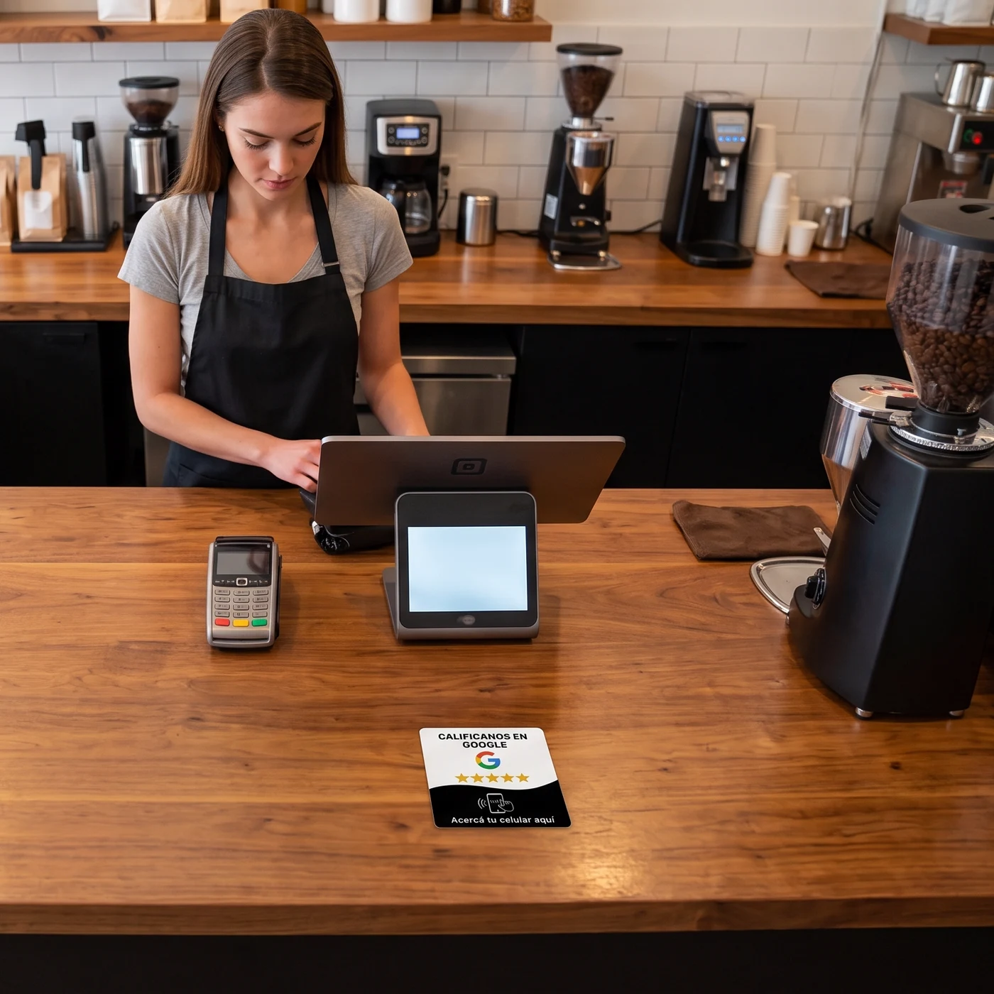 Placa Coloz NFC sobre el mostrador de madera de una cafetería, junto al posnet