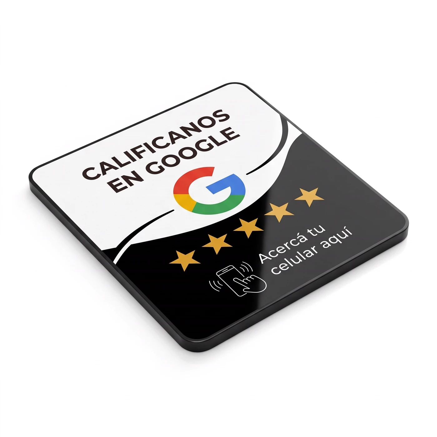 Placa autoadhesiva Coloz NFC con el texto Calificanos en Google, logo de Google, cinco estrellas y Acercá tu celular aquí