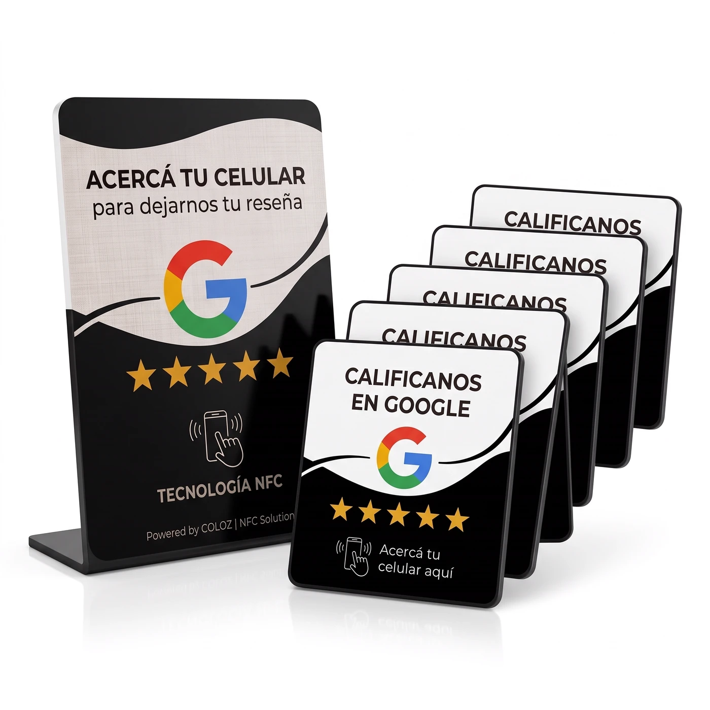 Pack 5 Mesas: un exhibidor en L y cinco placas Calificanos en Google escalonadas